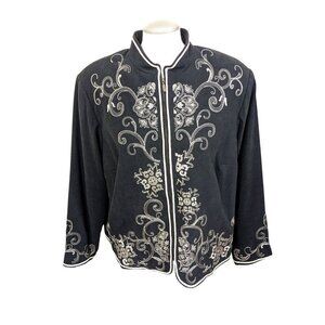 Vintage Dressbarn Oriental Style Jacket Womens 2X Black Floral Lined Full Zip